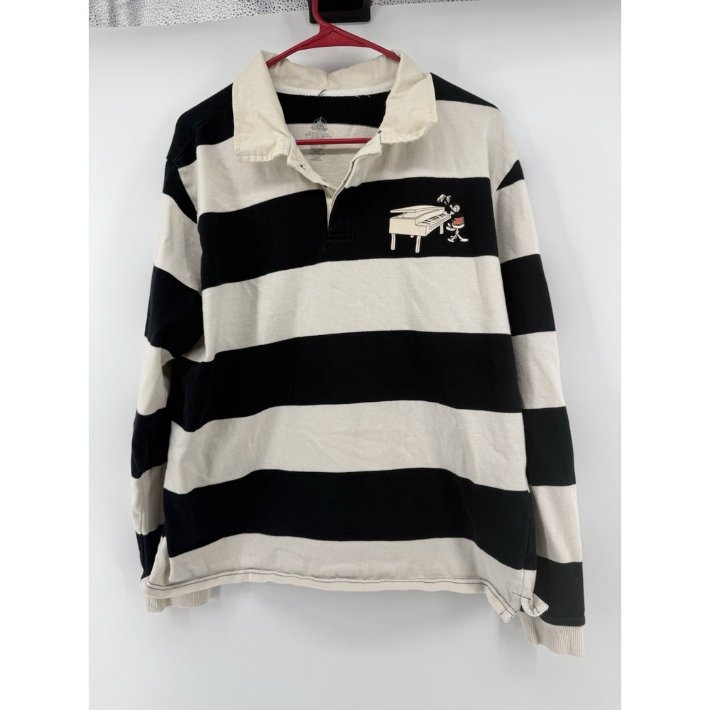 Disney Mickey Mouse Playing Piano Rugby Shirt Striped Long Sleeve Polo Size L